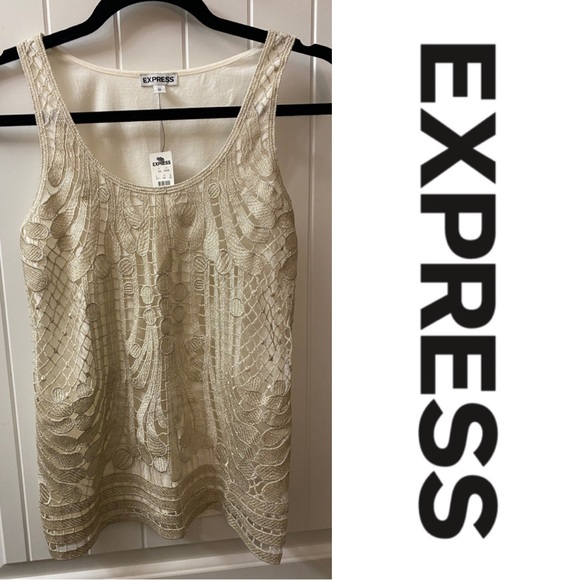 NWT ✨EXPRESS Champagne Glitter Metallic Lace Tank - Picture 1 of 5